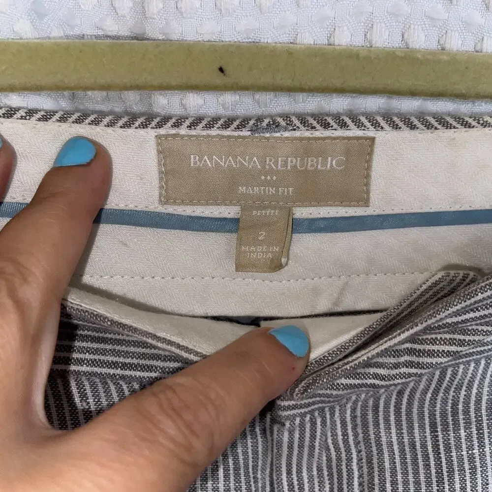 WOMENS BANANA REPUBLIC MARTIN FIT GRAY / WHITE STRIPED LINED LINEN PANTS SIZE 2